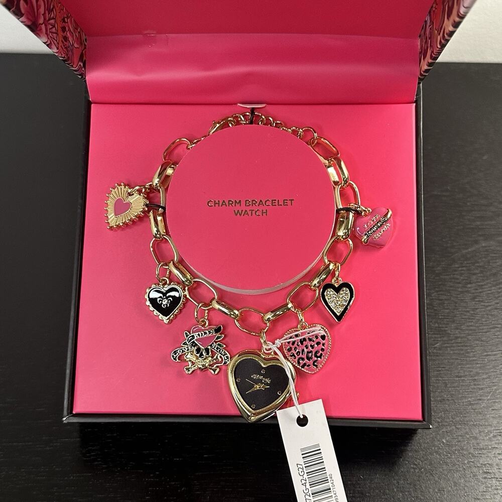 Ed Hardy NIB Gold Heart Charm Watch Bracelet Jewelry Y2K 2000s Style